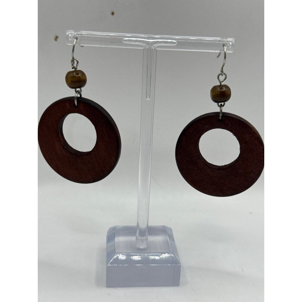 Wooden Circle Drop Earrings With Bead Accent & Hook Closure